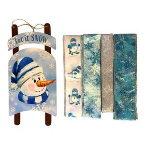 Snowman Winter Sled Sign Blue Snowflake Ribbon Bundle | Let It Snow Wreath Kit